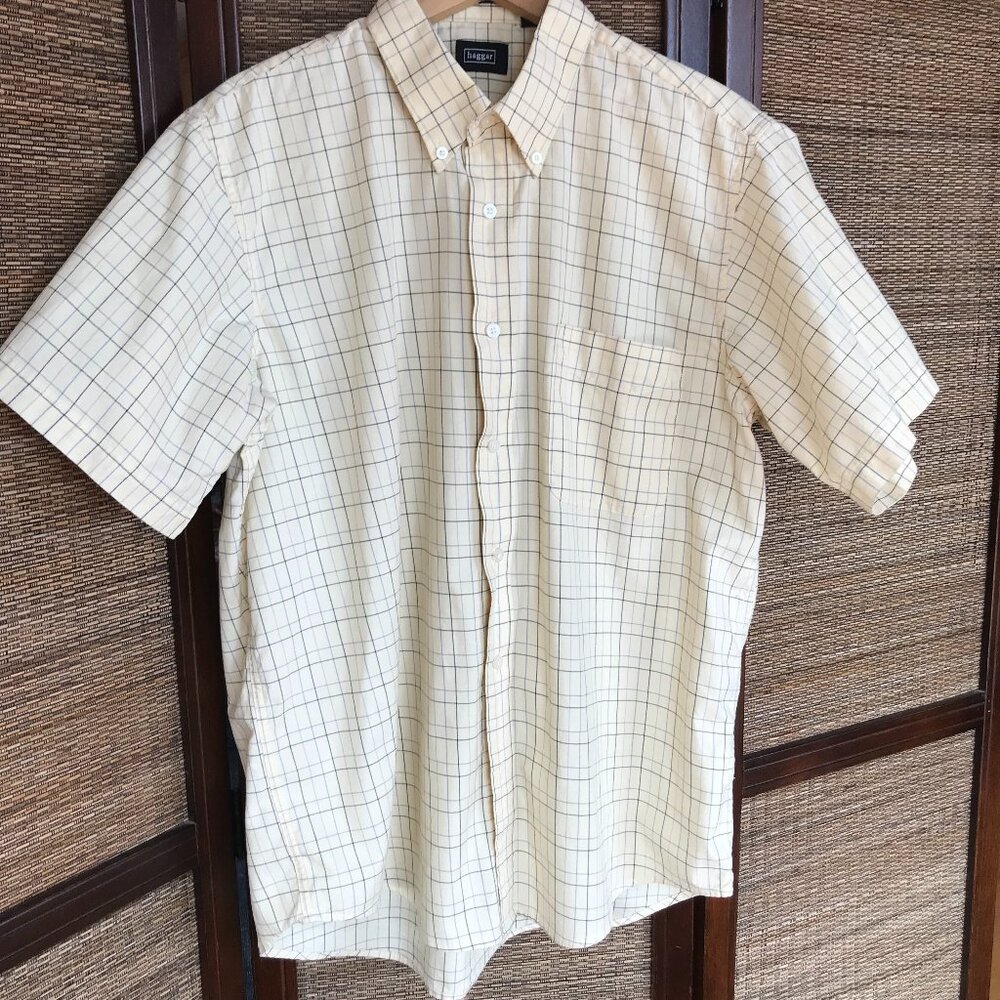 Haggar Short-Sleeved Men's Button-Down Shirt Yellow Black Blue Plaid Size Large